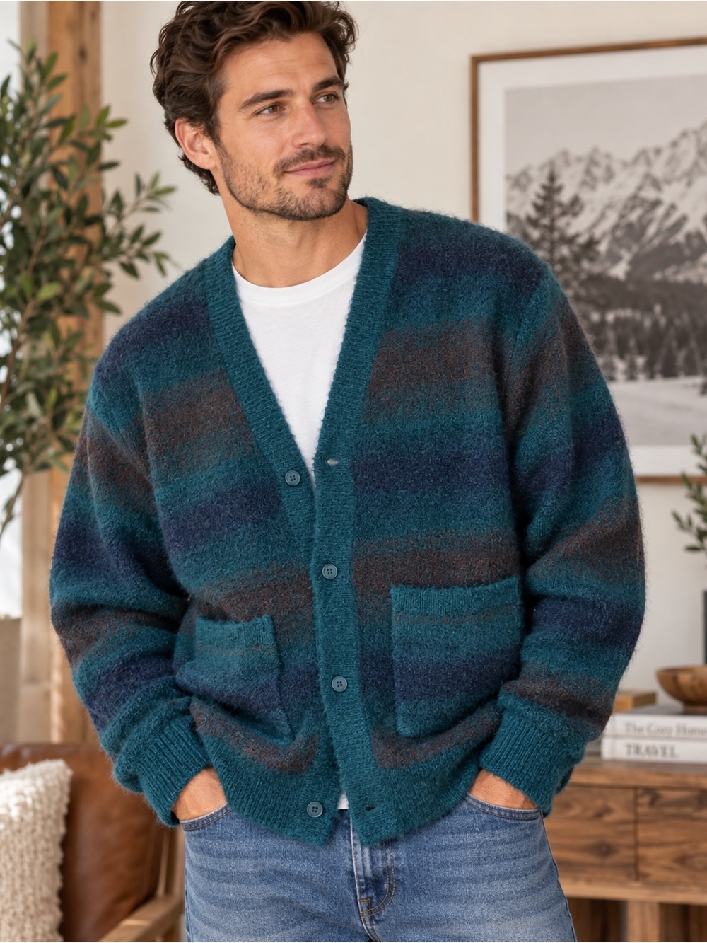 Original Use Men’s Plaid Fuzzy Cardigan Sweater Teal Navy Brown Size Large NWT